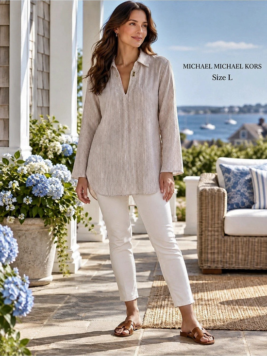 Michael Kors Tops - MICHAEL Michael Kors Linen Blend Striped Tunic Top Tan Cream L